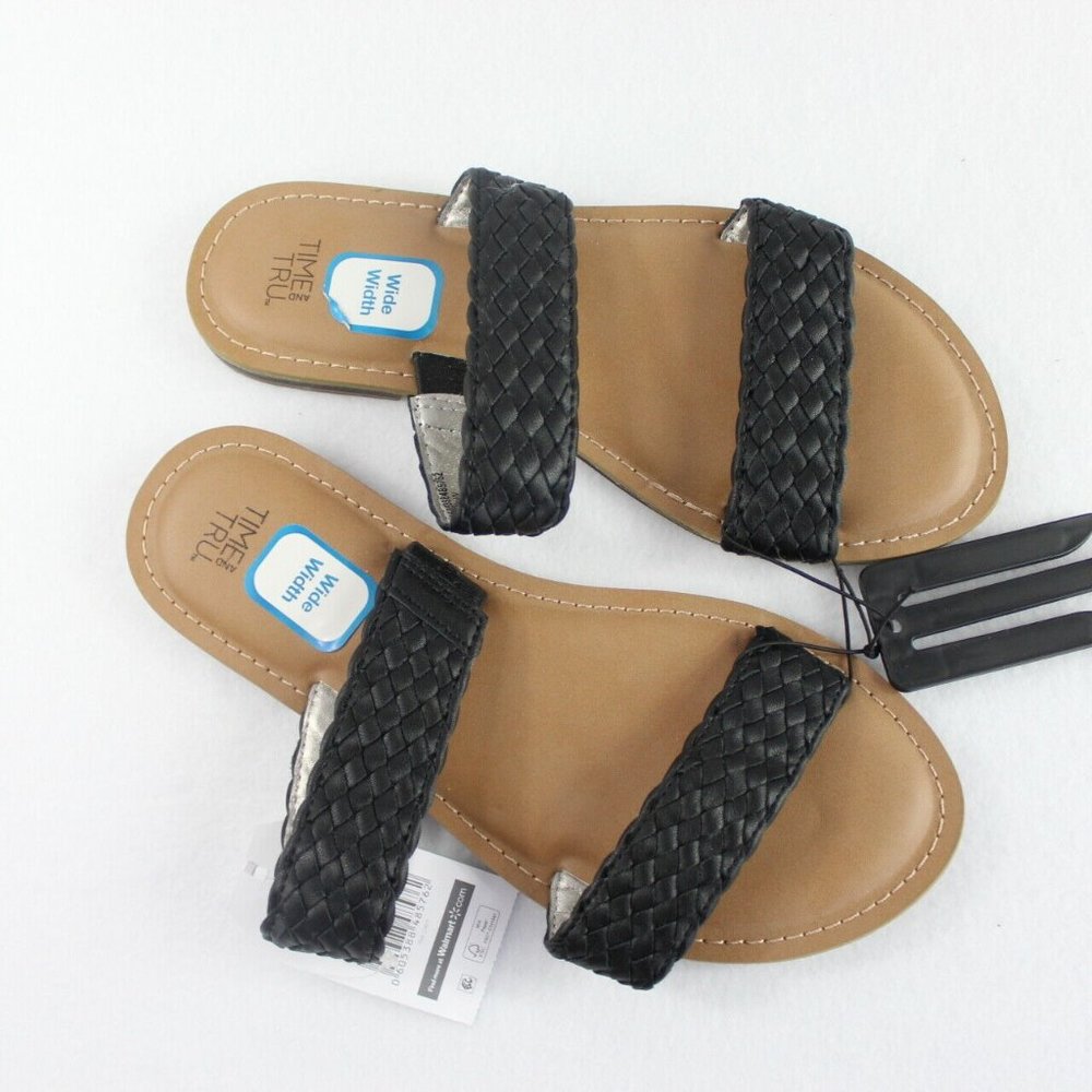 Time and Tru Two Band Sandal Women's Wide Width Black Faux Leather
